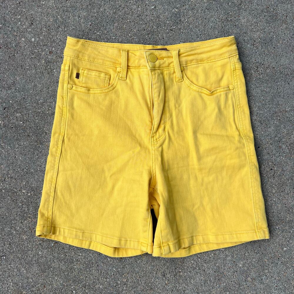 Judy Blue Sunflower Yellow Garment Dyed Tummy Control Cuffed Denim Shorts MEDIUM